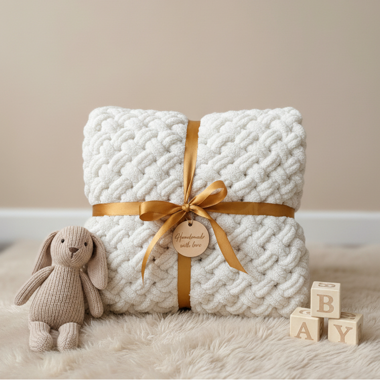 Pătură handmade Alize Puffy Crem pentru bebeluși - 90cm x 90cm