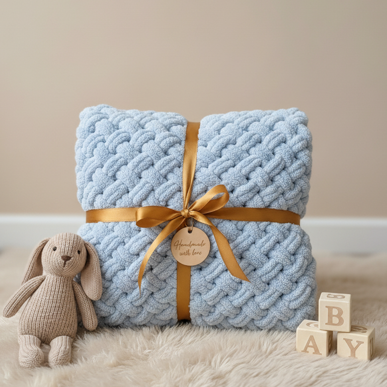 Pătură handmade Alize Puffy Bleu pentru bebeluși - 90cm x 90cm