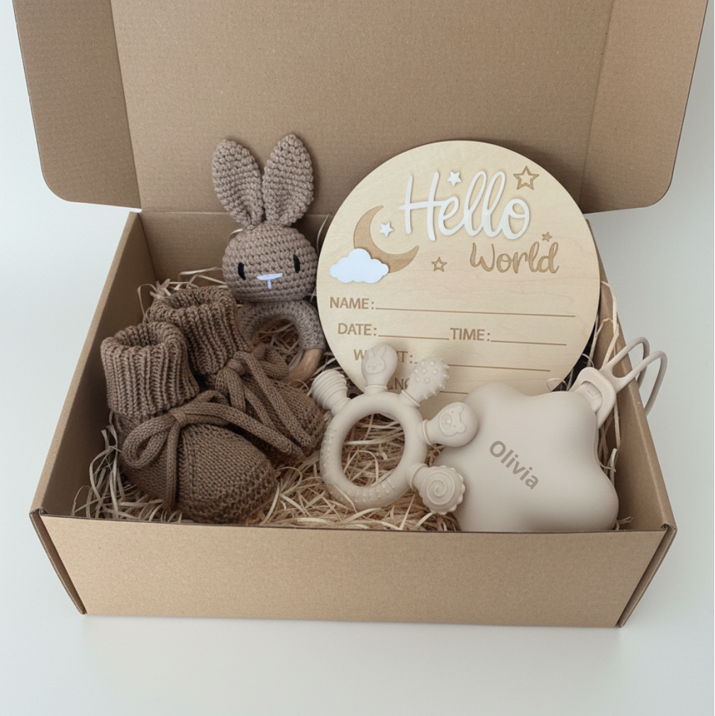 Set cadou “Hello World” pentru nou-născut - Baby Shower Gift 5 piese