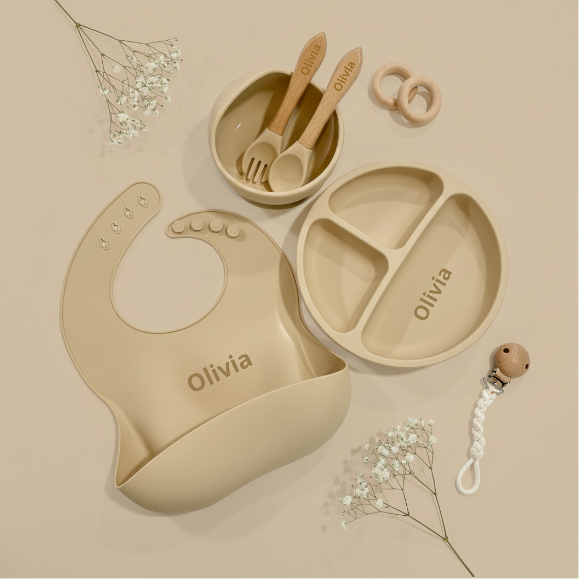 Set pentru Diversificare bebeluși - 5 Piese Silicon Alimentar - Beige