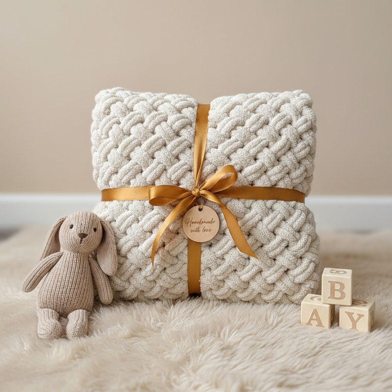 Pătură handmade Alize Puffy Bej pentru bebeluși - 90cm x 90cm