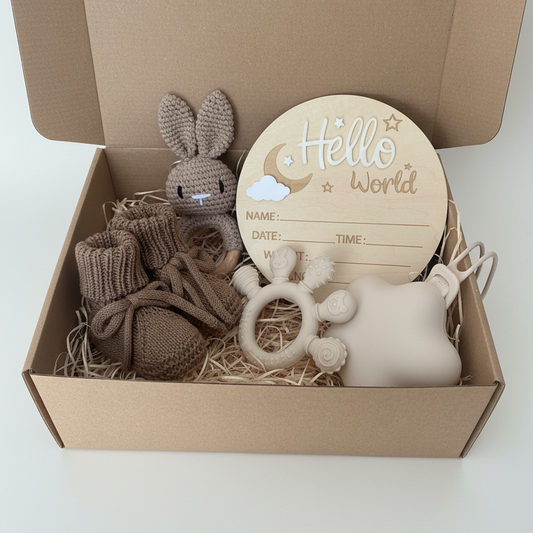 Set cadou “Hello World” pentru nou-născut - Baby Shower Gift 5 piese