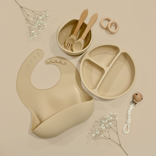 Set pentru Diversificare bebeluși - 5  Piese Silicon Alimentar - Beige